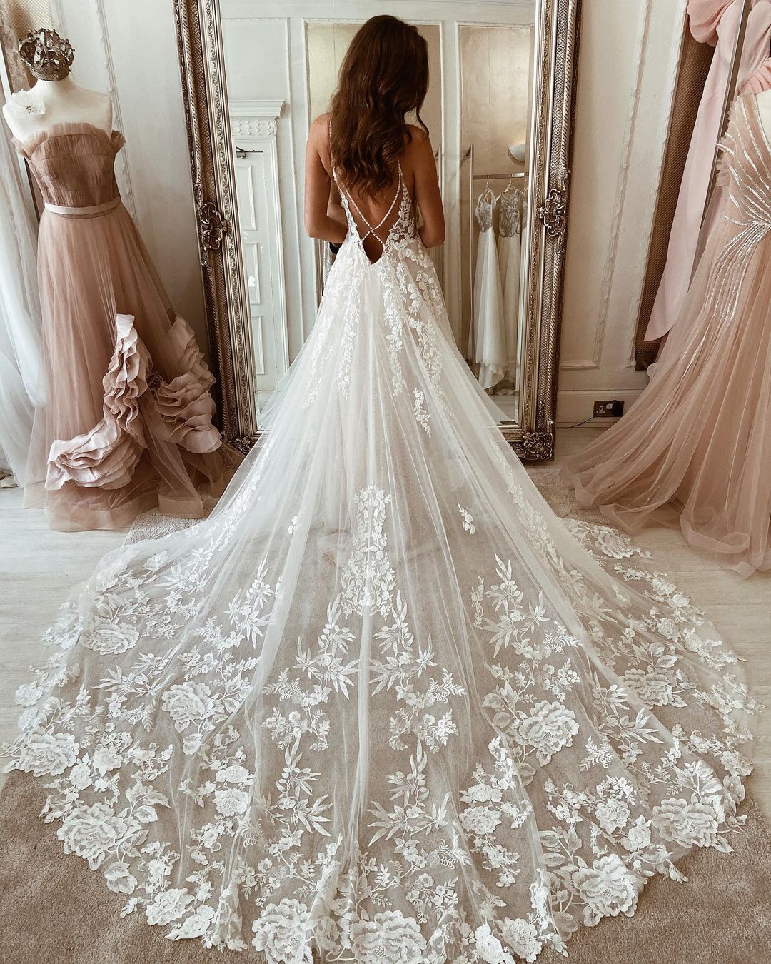 Lace Wedding Dress Overskirt Tulle Bridal Gowns Spaghetti-Straps-27dress