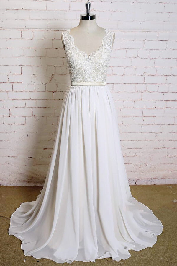 Latest V-neck Lace Chiffon A-line Wedding Dress On Sale-27dress