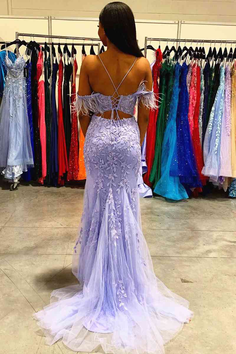 Lavender Feahter Cold Shoulder Mermaid Prom Dress