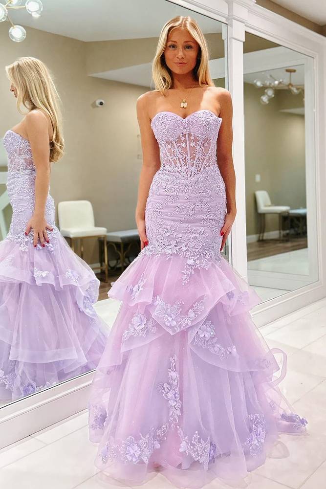 Lavender Lace Applique Ruffle Beaded Mermaid Prom Dress