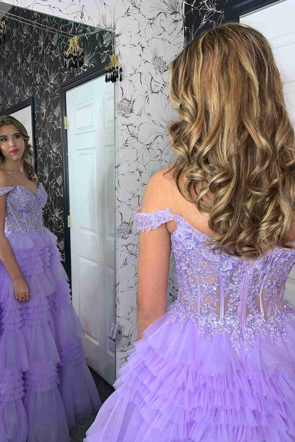 Lavender Off the Shoulder Lace Corset Ruffle Prom Dress