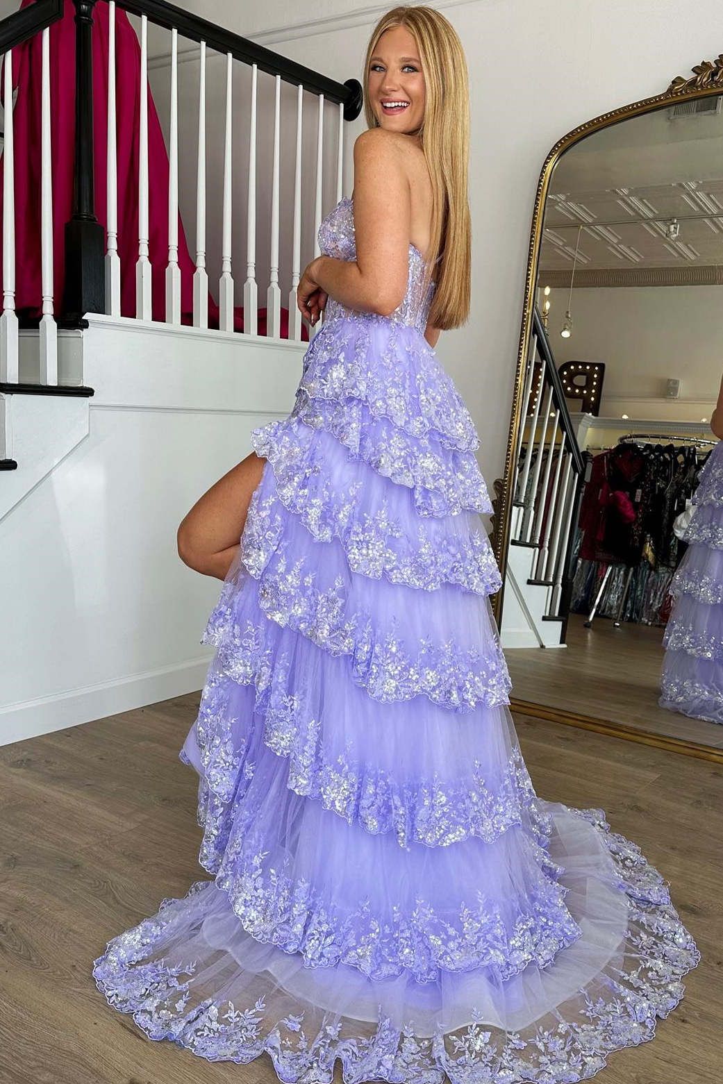 Lavender One Shoulder A-Line Layered Long Prom Dress with Sequin