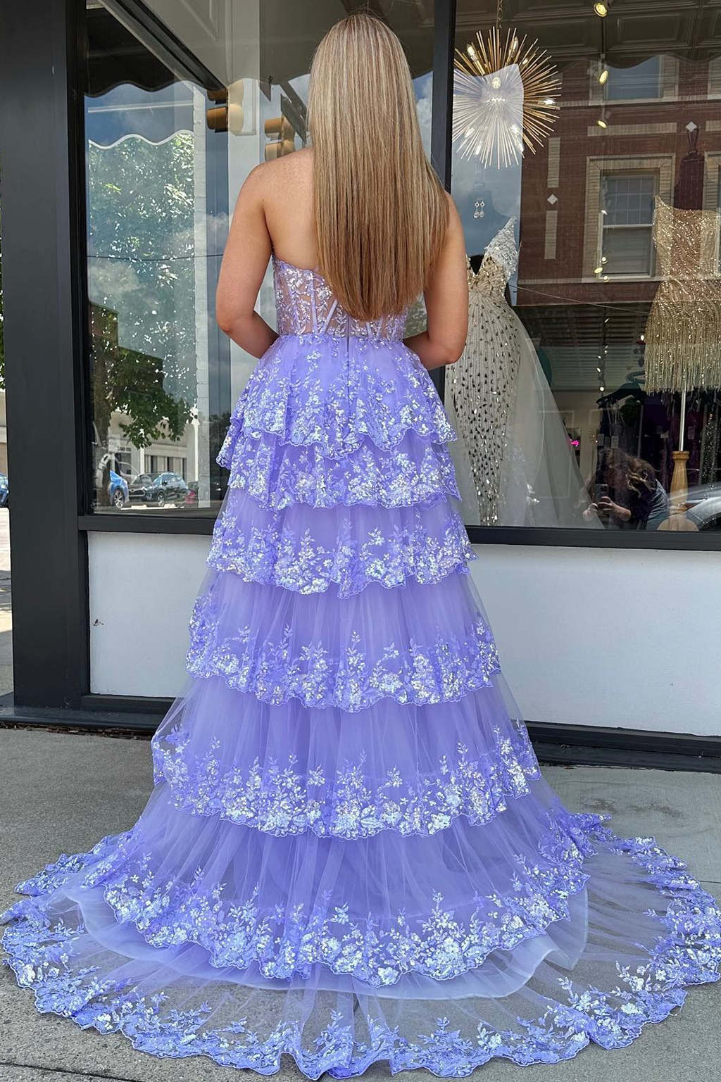 Lavender One Shoulder A-Line Layered Long Prom Dress with Sequin