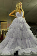 Lavender V-Neck Sequins Tulle Ruffle Prom Dress