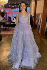 Lavender V-Neck Sequins Tulle Ruffle Prom Dress