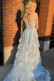 Light Blue Corset Lace Tiered Tulle Long Formal Dress