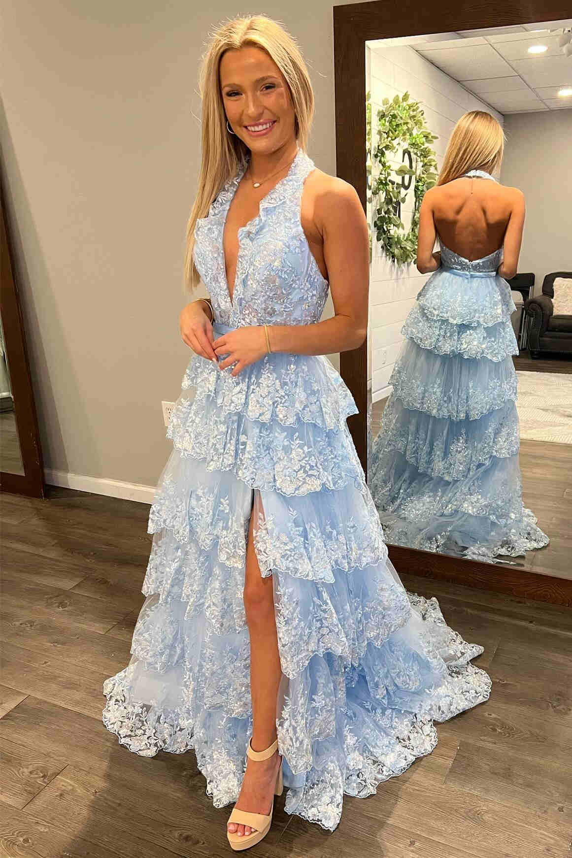 Light Blue Halter Ruffle Long Formal Dress with Appliques