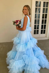 Light Blue Plunging-Neck Layered Prom Dress