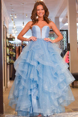 Light Blue Strapless Layered Tulle Long Formal Dress