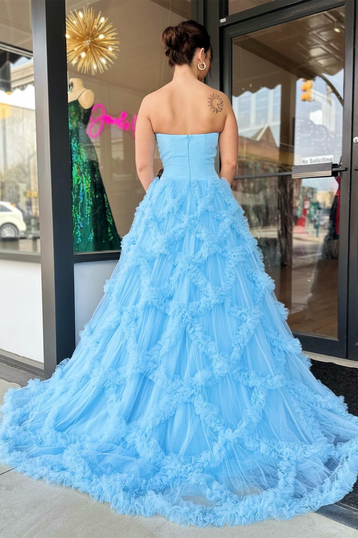 Light Blue Tulle Ruffled Net Streapless Long Prom Dress