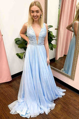 Light Blue V-Neck Appliqued Prom Dress