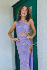 Lilac One Shoulder Cut-Out Mermaid Sequins Slit Long Prom Dress