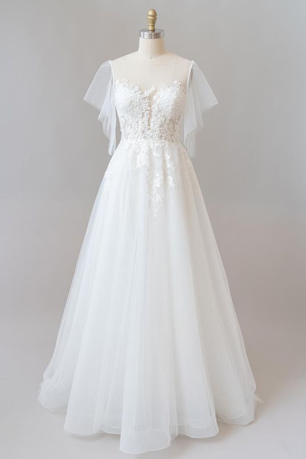 Long A-line Appliques Lace Tulle Wedding Dress with Sleeves-27Dress