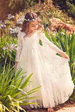 Long A-line Appliques Lace V-neck Flower Girl Dress with Sleeves-27Dress