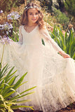 Long A-line Appliques Lace V-neck Flower Girl Dress with Sleeves-27Dress