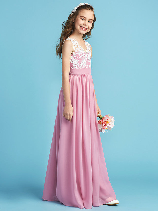 Long A-line Chiffon Flower Girl Dresses Lace Junior Bridesmaid Dress-27dress