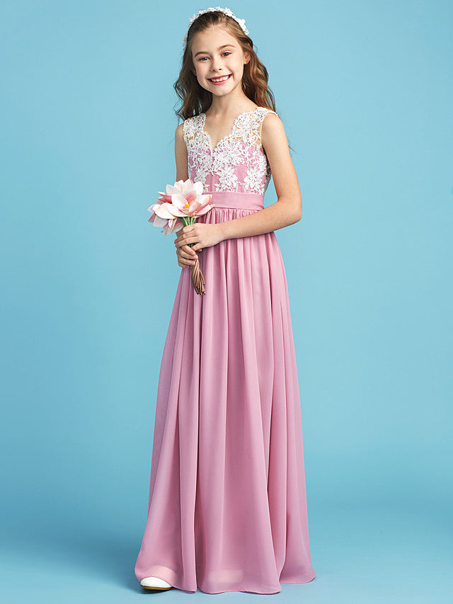 Long A-line Chiffon Flower Girl Dresses Lace Junior Bridesmaid Dress-27dress