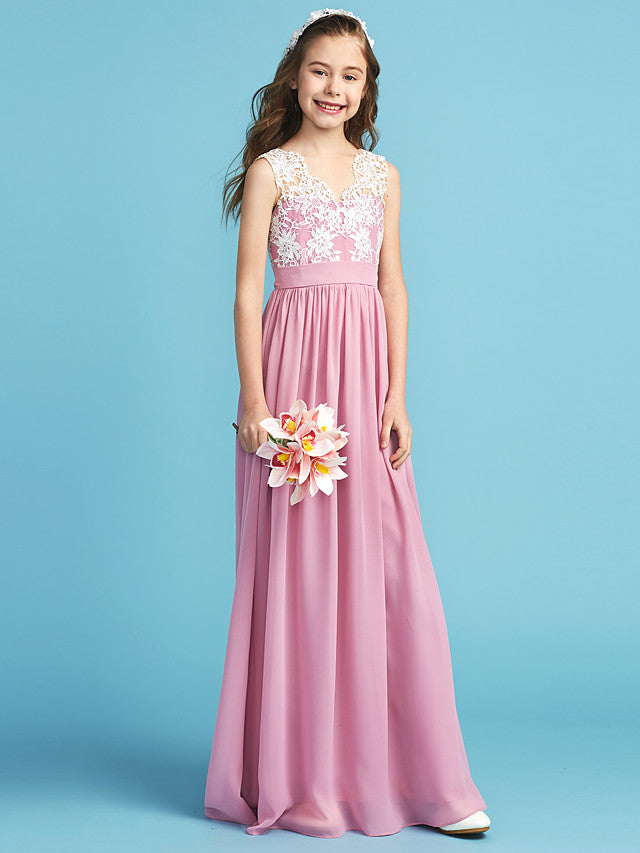 Long A-line Chiffon Flower Girl Dresses Lace Junior Bridesmaid Dress-27dress