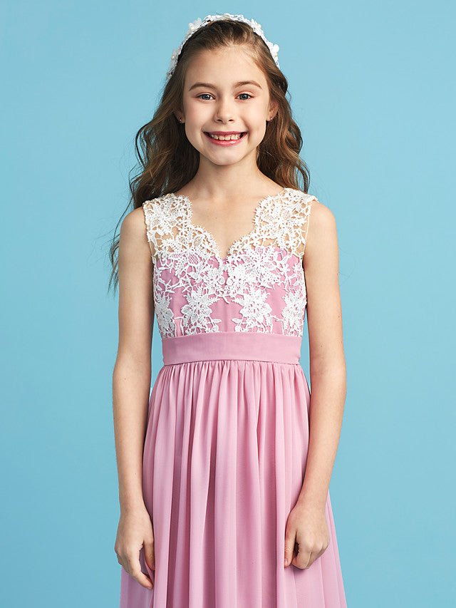 Long A-line Chiffon Flower Girl Dresses Lace Junior Bridesmaid Dress-27dress