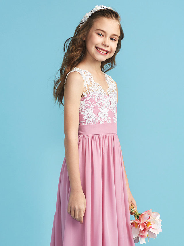 Long A-line Chiffon Flower Girl Dresses Lace Junior Bridesmaid Dress-27dress