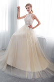 Long A-line Halter Appliques Lace Tulle Evening Dresses-27dress