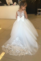 Long A-line Jewel Sleeveless Appliques Lace Tulle Flower Girl Dresses With Bow-27dress