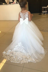 Long A-line Jewel Sleeveless Appliques Lace Tulle Flower Girl Dresses With Bow-27dress