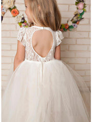 Long A-Line Lace Satin Tulle Jewel Neck Wedding Party Flower Girl Dresses-27dress