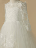 Long A-Line Lace Tulle Wedding First Communion Flower Girl Dresses with Sleeves-27dress