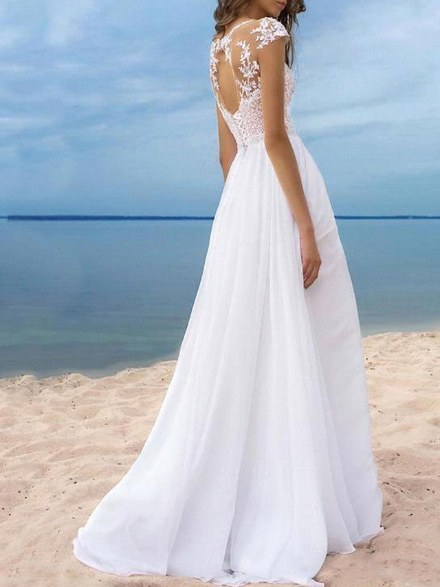 Long A-Line Off the Shoulder Chiffon Backless Wedding Dresses with Slit-27Dress