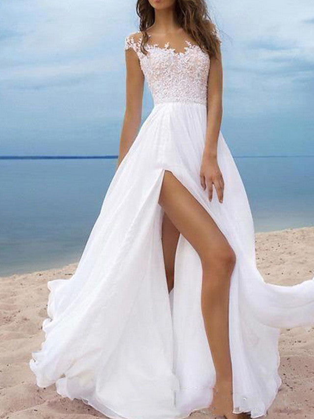 Long A-Line Off the Shoulder Chiffon Backless Wedding Dresses with Slit-27Dress