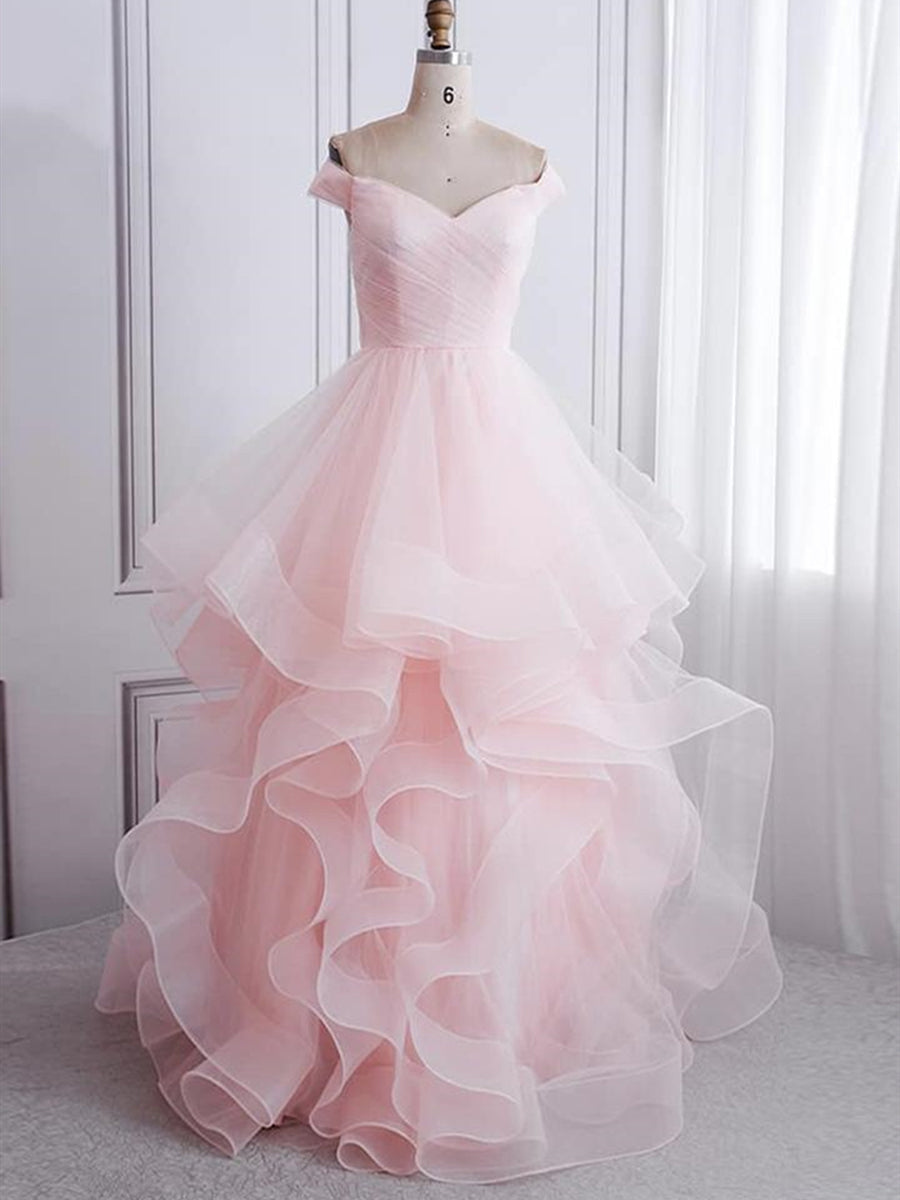 Long A-line Off the Shoulder Tulle Fluffy Graduation Prom Dresses-27Dress