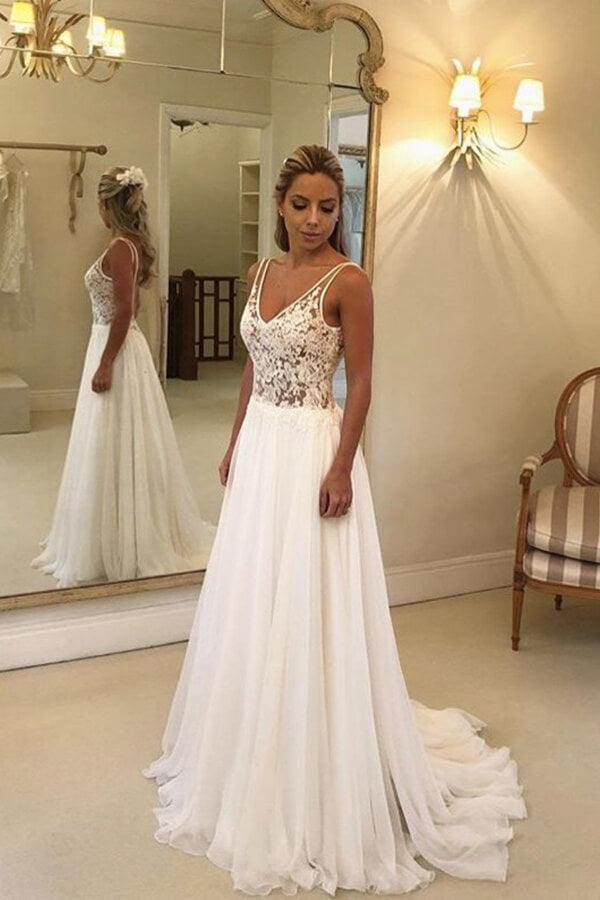 Long A-line Open Back V-neck Lace Chiffon Wedding Dress-27Dress