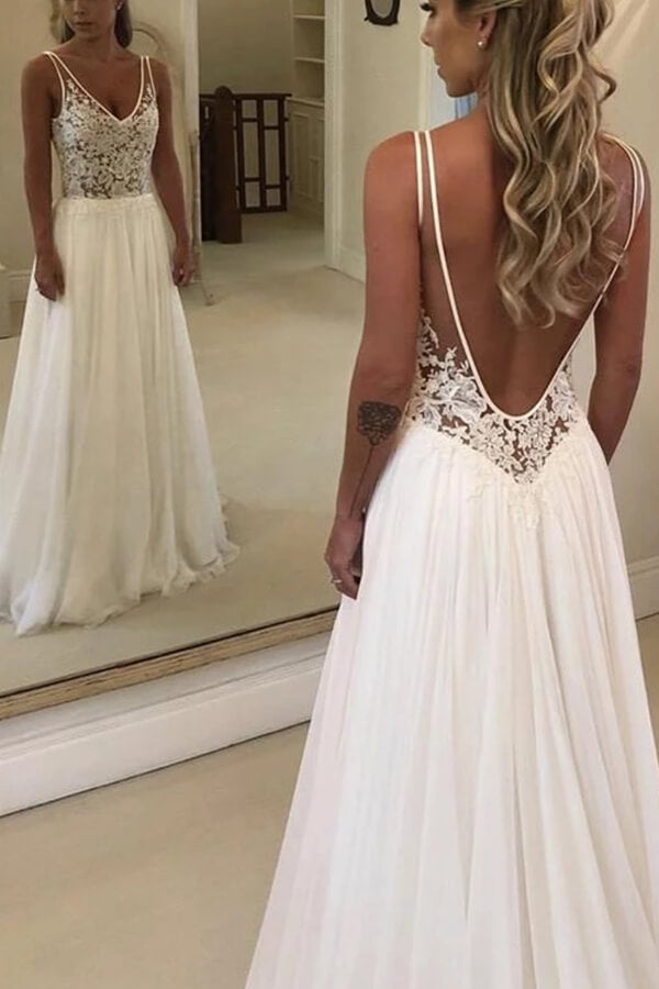 Long A-line Open Back V-neck Lace Chiffon Wedding Dress-27Dress