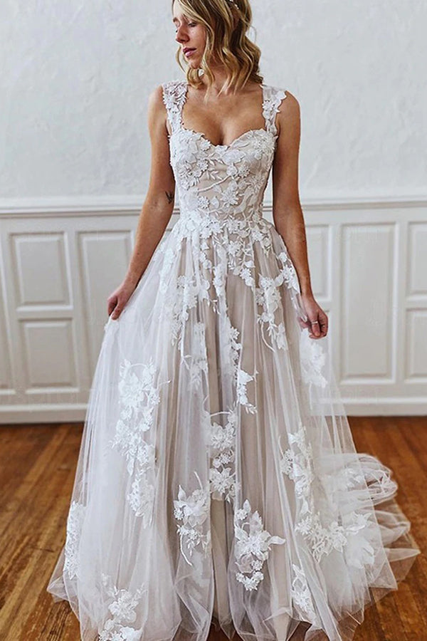 Long A-line Straps Sweetheart Appliques Lace Tulle Backless Wedding Dress-27Dress