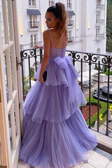 Long A-line Sweetheart Spaghetti Straps Tulle Layered Open Back Formal Prom Dress-27Dress