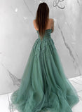 Long A-line Sweetheart Tulle Formal Prom Dress with Appliques Lace-27dress