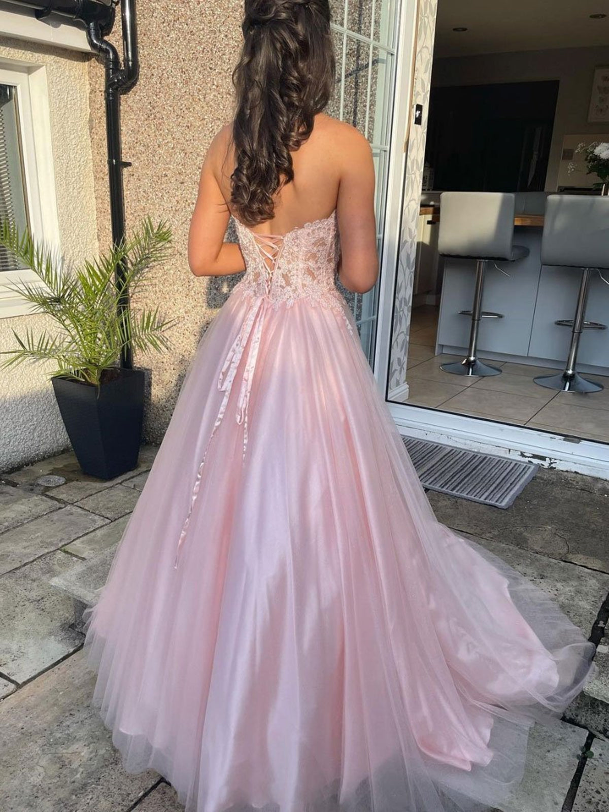 Long A-line Sweetheart Tulle Lace Prom Dress Pink Lace Formal Evening Gowns-27Dress