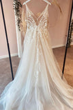 Long A-Line Tulle Appliques Lace Spaghetti Straps V-neck Backless Wedding Dress-27Dress