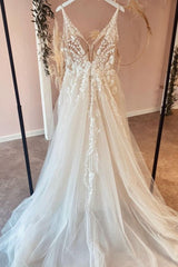 Long A-Line Tulle Appliques Lace Spaghetti Straps V-neck Backless Wedding Dress-27Dress