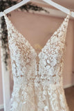 Long A-Line Tulle Appliques Lace Spaghetti Straps V-neck Backless Wedding Dress-27Dress