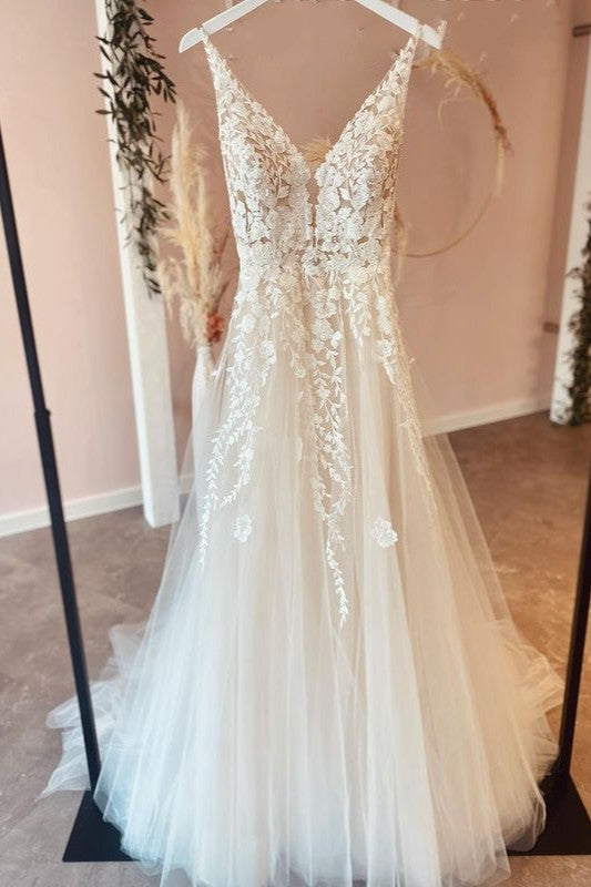 Long A-Line Tulle Appliques Lace Spaghetti Straps V-neck Backless Wedding Dress-27Dress