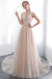 Long A-line Tulle Backless Champangne Evening Dresses-27dress