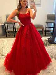 Long A-line Tulle Lace Backless Prom Dresses Red Formal Evening Dresses-27Dress