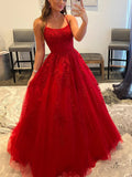 Long A-line Tulle Lace Backless Prom Dresses Red Formal Evening Dresses-27Dress