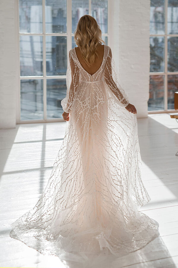 Long A-line V-neck Court Train Tulle Wedding Dress with Sleeves-27Dress