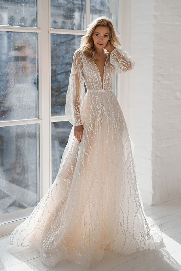 Long A-line V-neck Court Train Tulle Wedding Dress with Sleeves-27Dress