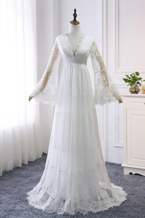 Long A-line V-neck Lace Tulle Wedding Dress with Sleeves-27Dress