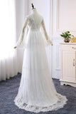 Long A-line V-neck Lace Tulle Wedding Dress with Sleeves-27Dress