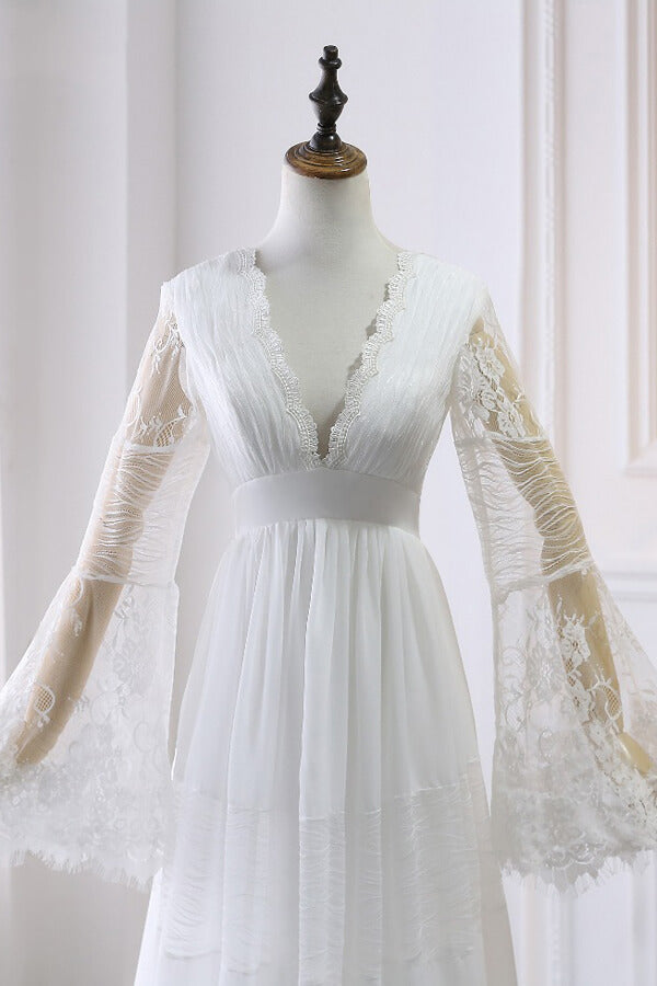 Long A-line V-neck Lace Tulle Wedding Dress with Sleeves-27Dress